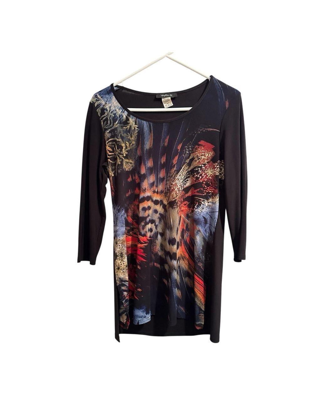 Sophie A Career Tunic Blouse Womens Small Black & Vibrant Colors 3/4 Sleeves